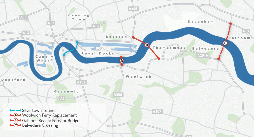 Proposed river crossings in East London, by TfL